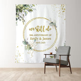 Lofaris Green Leaves Gold Glitter Happy Anniversary Backdrop